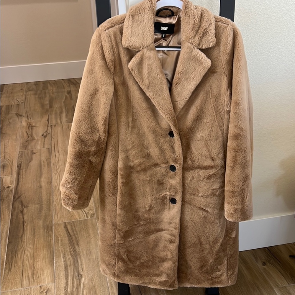 DKNY Tan Teddy Jacket Plush Long Overcoat